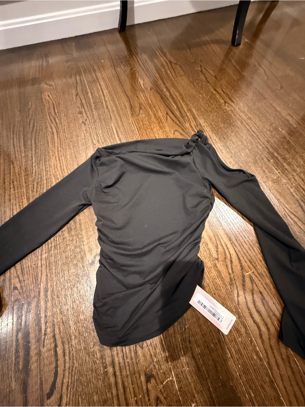 Black Long-Sleeve Asymmetric Ruched Top open shoulder